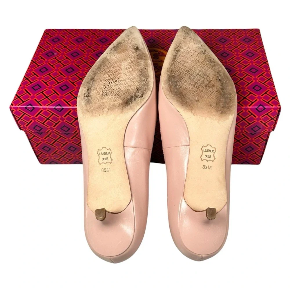 Tory Burch W 8.5 Elizabeth Kitten Pump Nude Blush Sea Shell Pink Pointed Leather